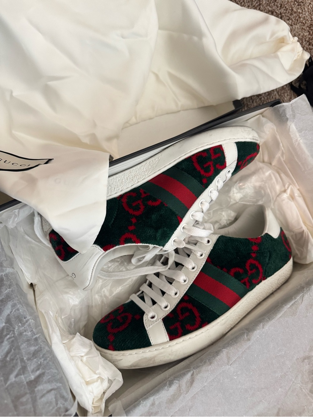 Gucci green and red velvet GG Ace Sneakers